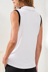 Tribal Tribal White Navy Trim V-Neck Johnny Collar Sleeveless Top