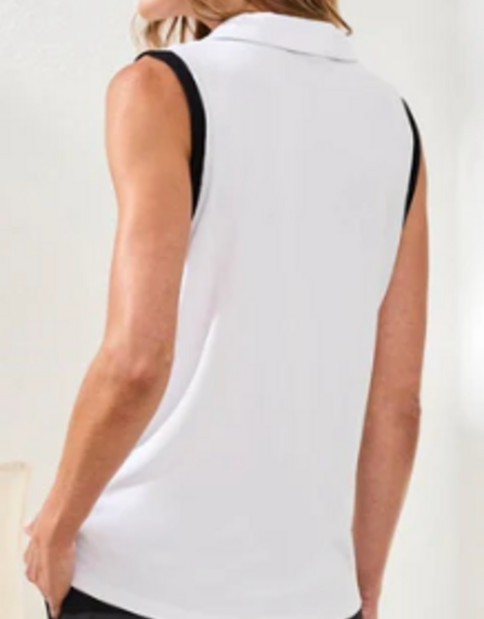 Tribal Tribal White Navy Trim V-Neck Johnny Collar Sleeveless Top