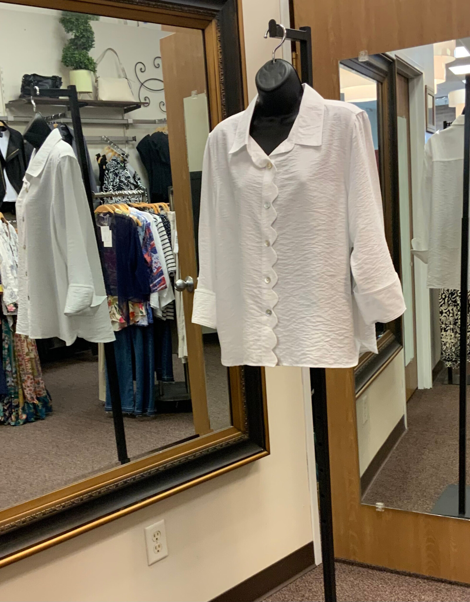 Multiples Multiples White  Scalloped Detail Button Up 3/4 Sleeve Top