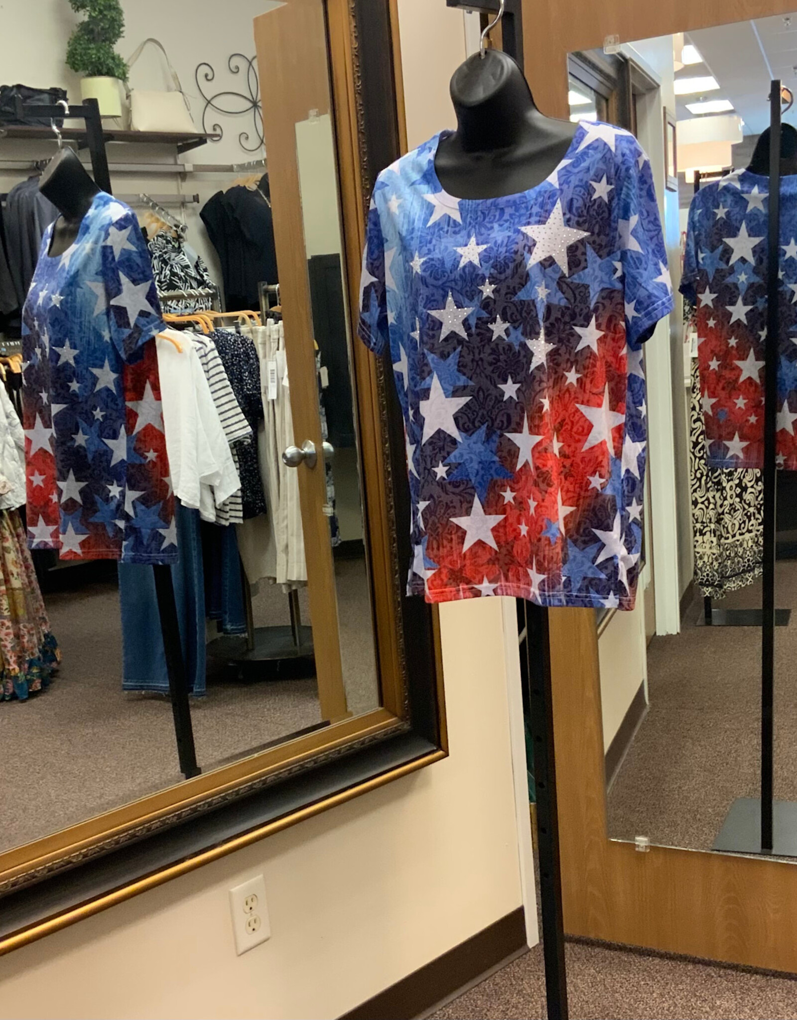 Creation Creation S201 US4 Red/Navy Star Silver Stud Embellishments S/S Top