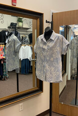APNY Creation AM636 Blue Embroidered Floral Print Button Up S/S Top