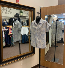 APNY Creation AM636 Blue Embroidered Floral Print Button Up S/S Top