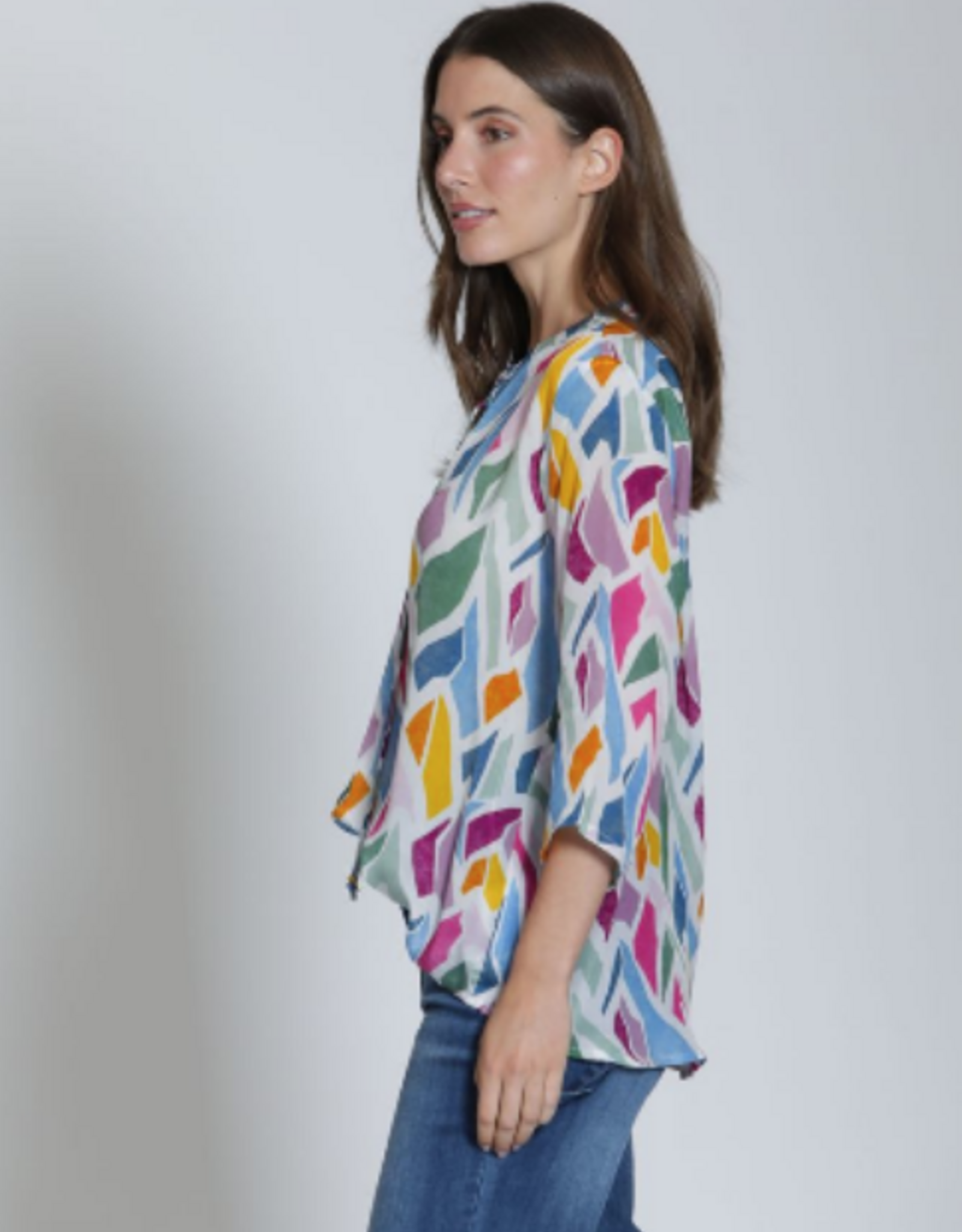 APNY APNY B-51P/C-524D/NC Pink/Blue Multi  V-Neck 3/4 Slv Top w/Tassels