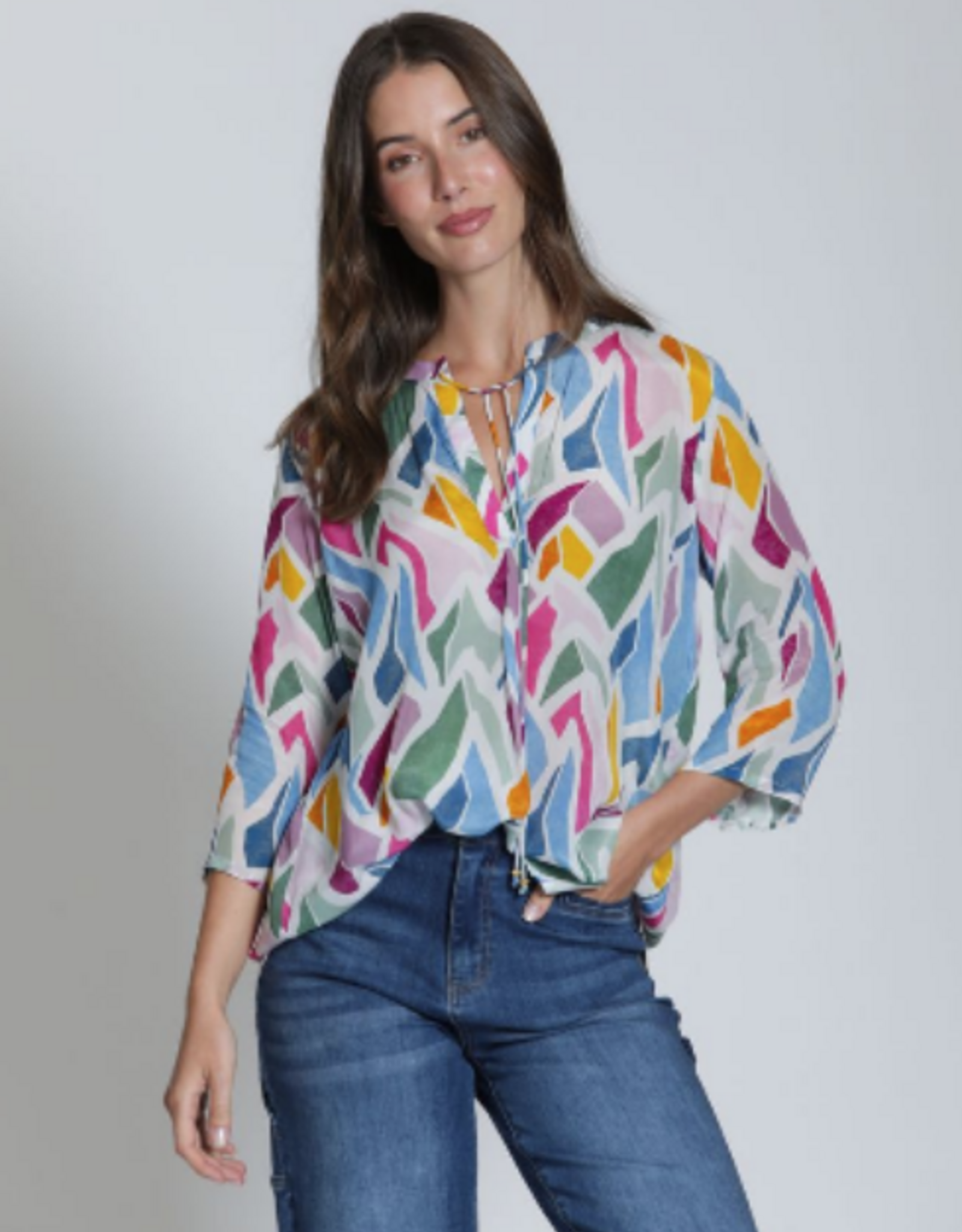 APNY APNY B-51P/C-524D/NC Pink/Blue Multi  V-Neck 3/4 Slv Top w/Tassels