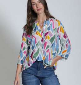 APNY APNY Pink/Blue Multi  V-Neck 3/4 Slv Top w/Tassels