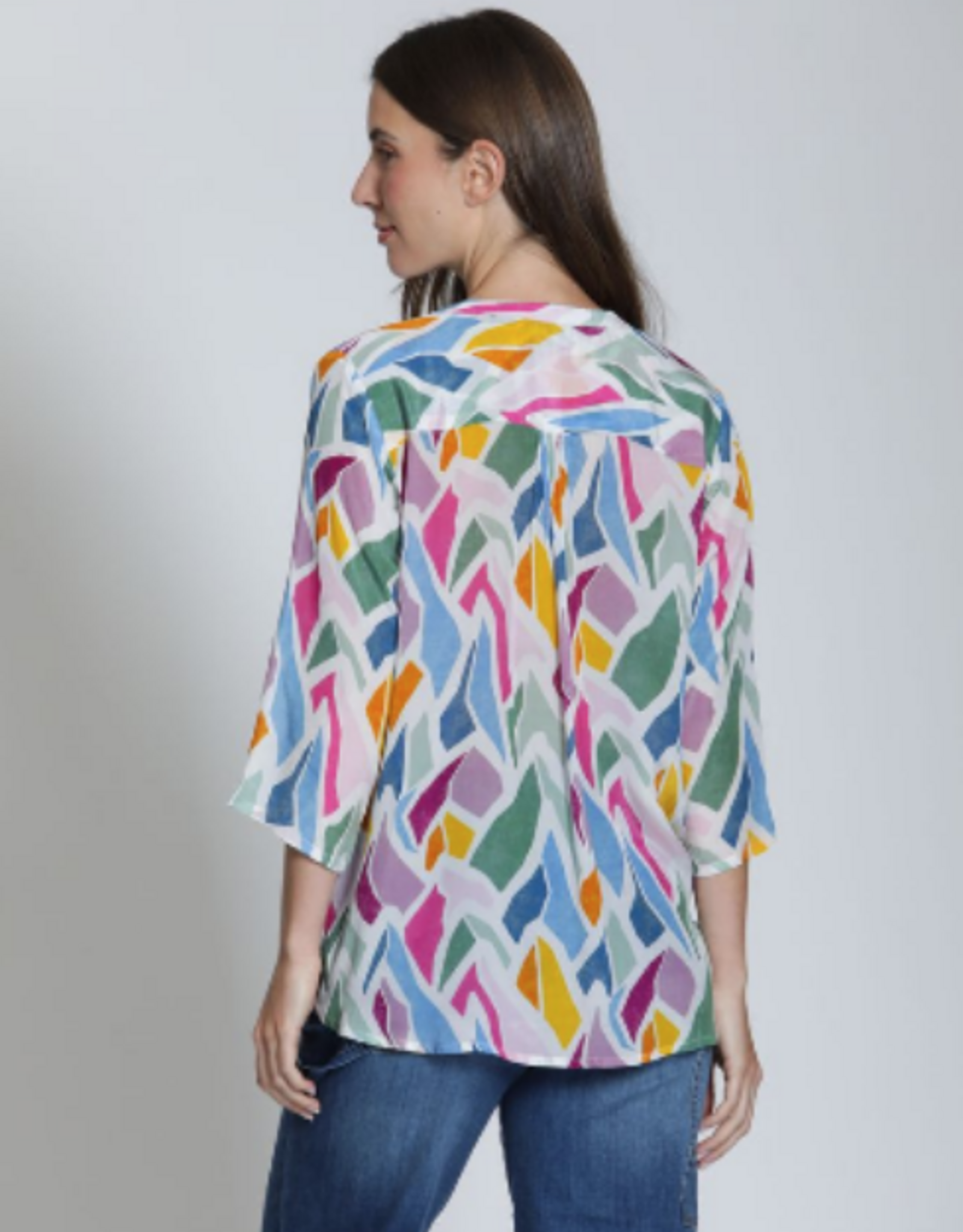 APNY APNY B-51P/C-524D/NC Pink/Blue Multi  V-Neck 3/4 Slv Top w/Tassels