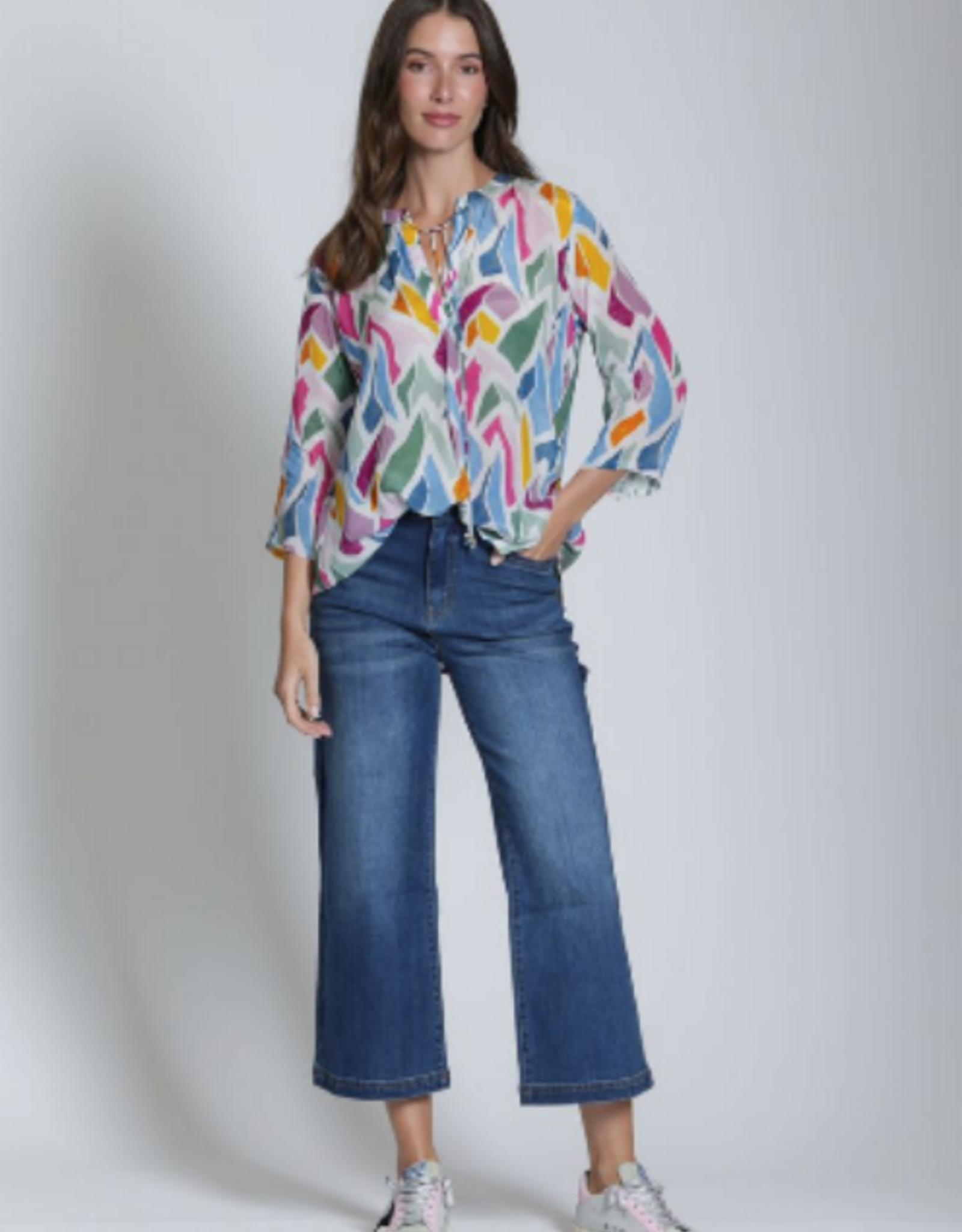 APNY APNY B-51P/C-524D/NC Pink/Blue Multi  V-Neck 3/4 Slv Top w/Tassels