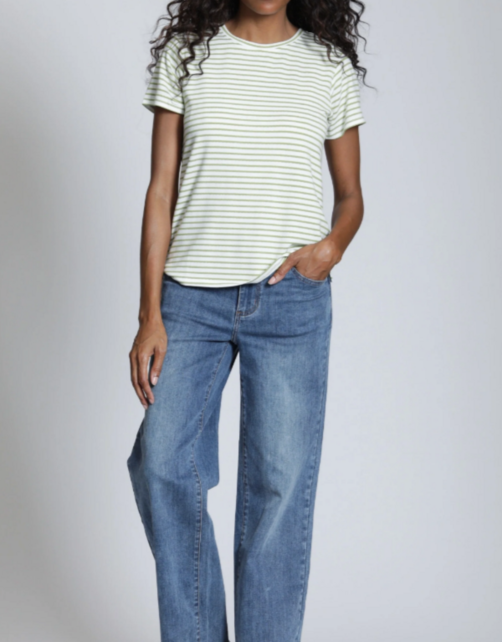 APNY APNY K368A White/Sage Green Crew Neck Short Sleeve Top