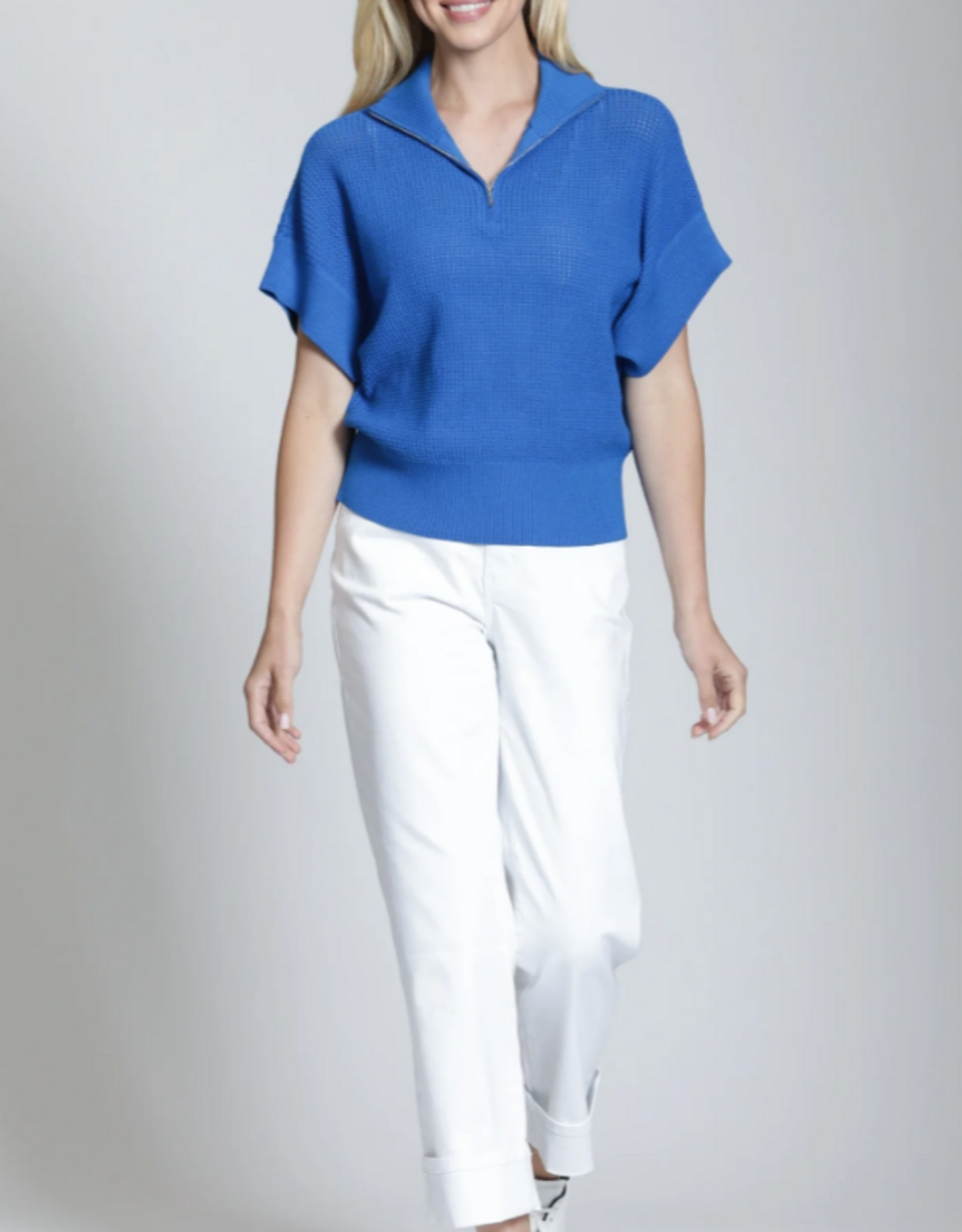 APNY APNY SW166 Cobalt Blue 1/2 Zip 3/4 Sleeve Open Knit Sweater Top