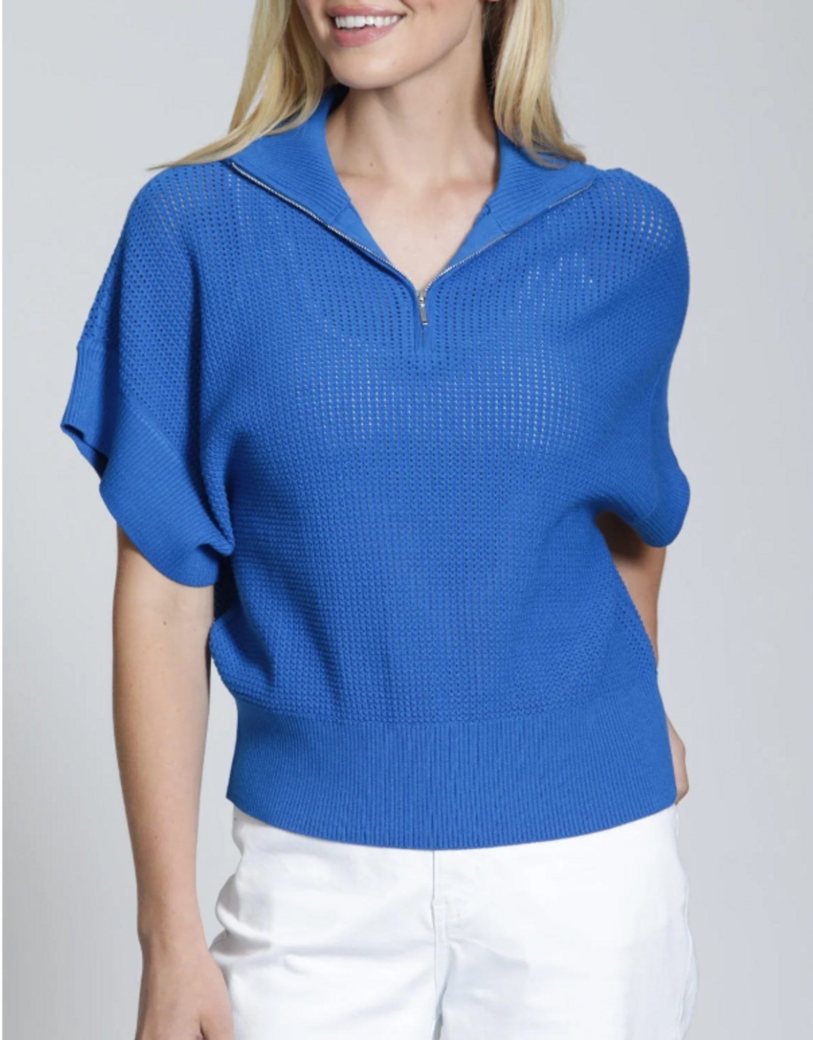 APNY APNY SW166 Cobalt Blue 1/2 Zip 3/4 Sleeve Open Knit Sweater Top