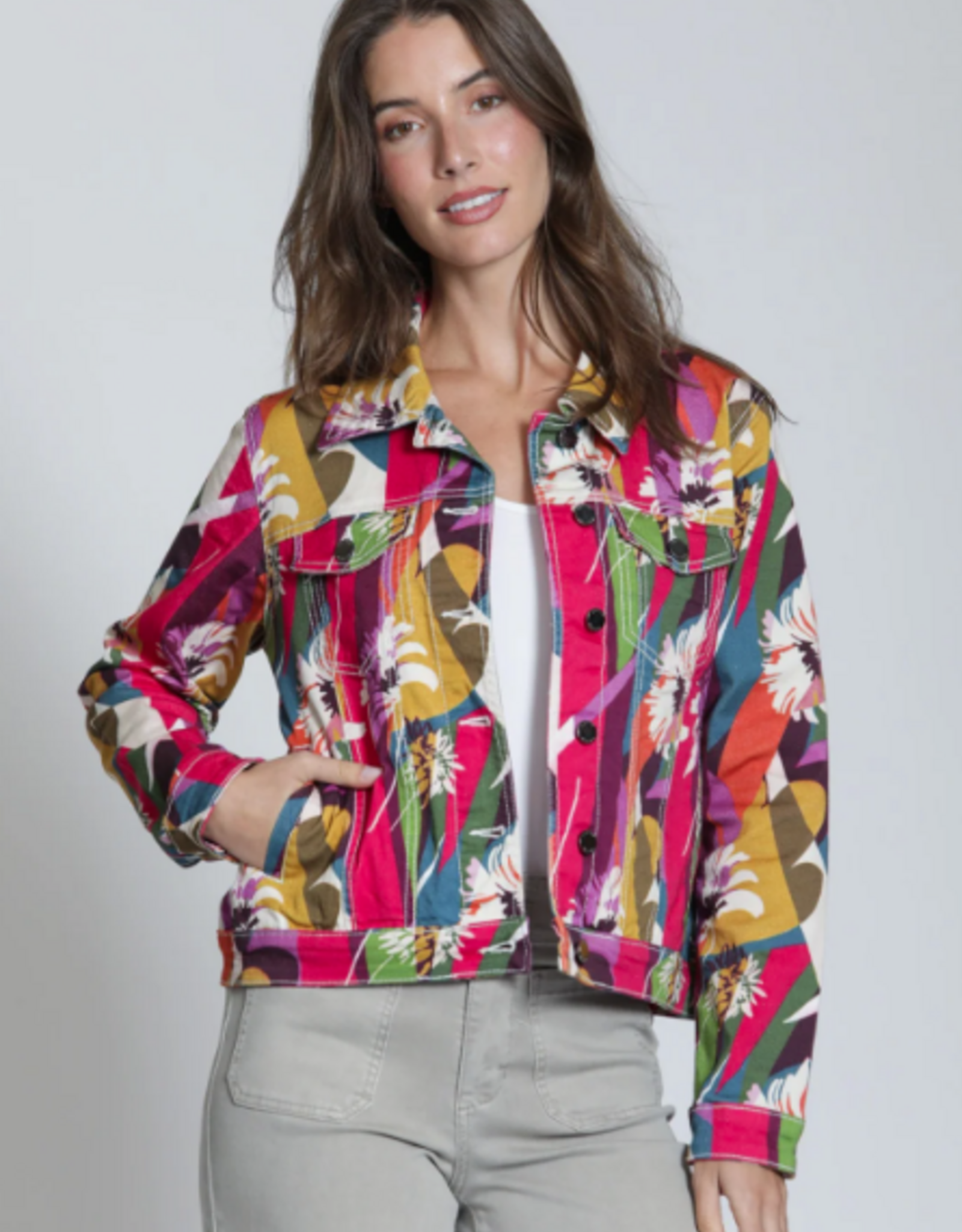 APNY APNY B18A2 Hibiscus Multi Button Front Long Sleeve Denim Jacket