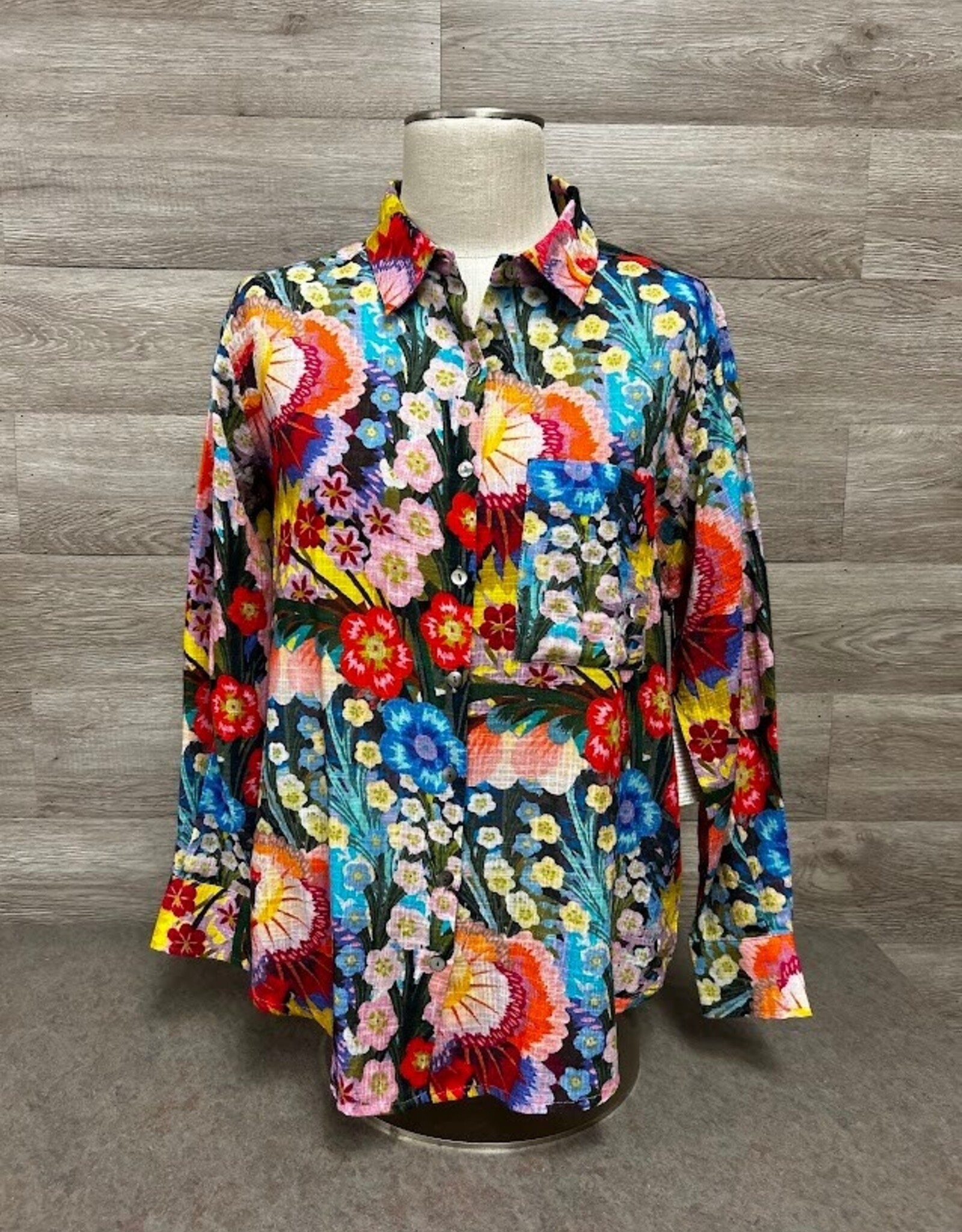 APNY APNY T19P Blue Multi Floral Print Button-Up Long Sleeve Top