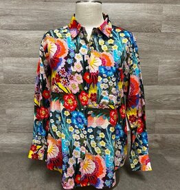 APNY APNY T19P Blue Multi Floral Print Button-Up Long Sleeve Top