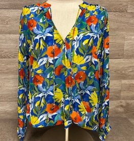 APNY APNY Blue Multi Floral Print V-Neck Long Sleeve Top w/Tassels