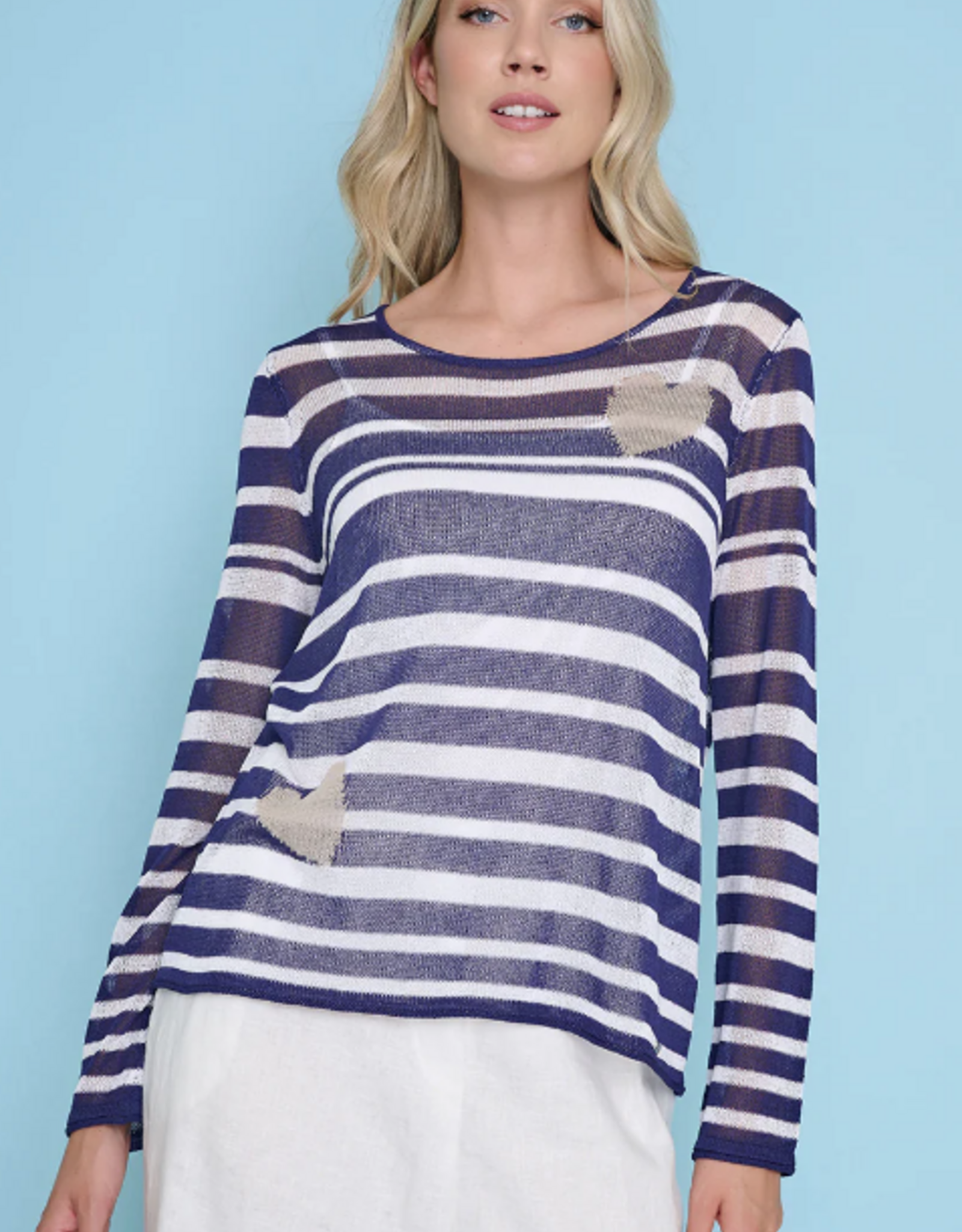 Picadilly Picadilly ZE174FG Navy/White Stripe Hearts Round Neck L/S Mesh Top