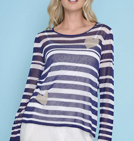Picadilly Picadilly Navy/White Stripe Hearts Round Neck L/S Mesh Top
