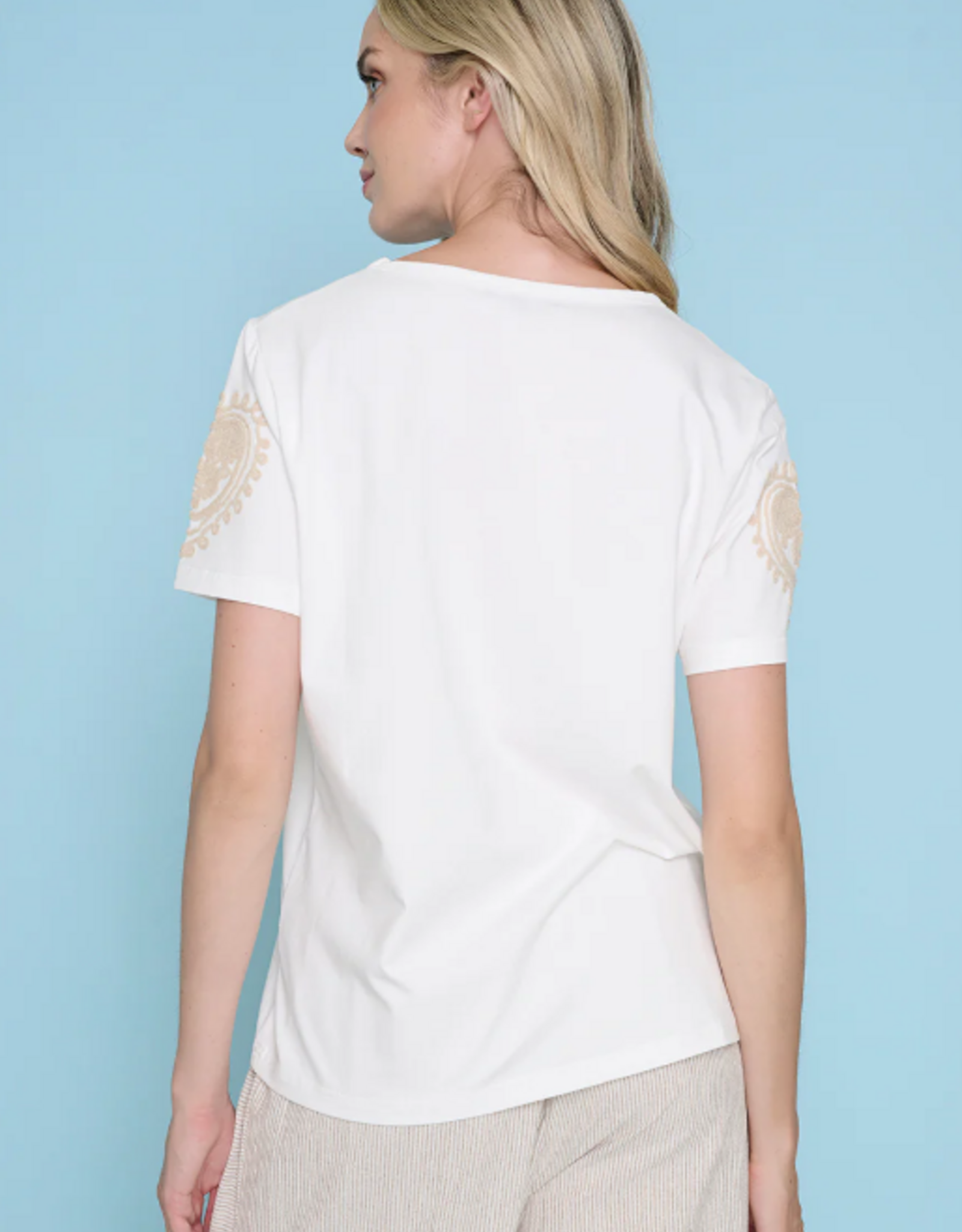 Picadilly Picadilly ZR743JV Ivory/Beige Round Neck S/S Yarn-Embroidered Top