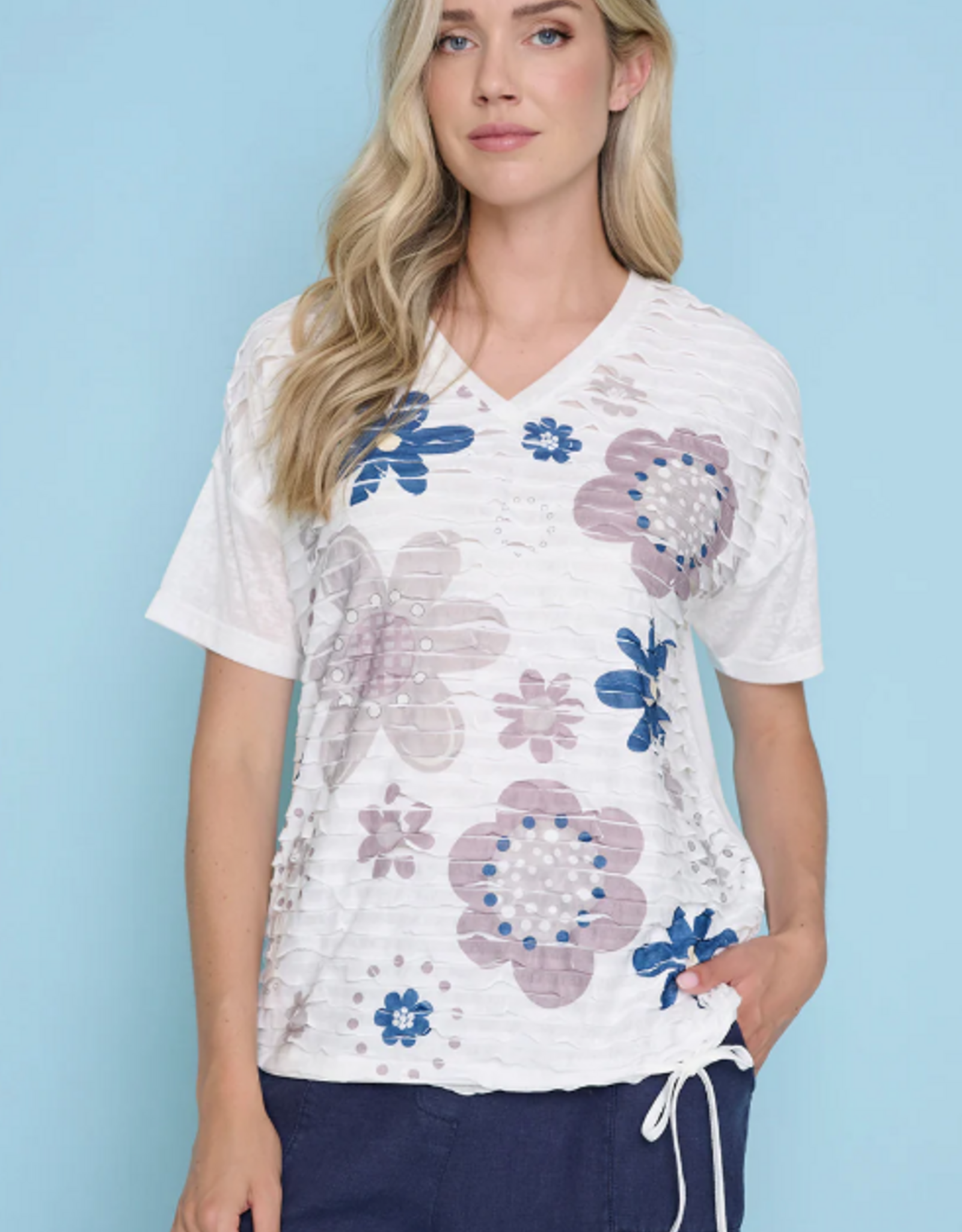 Picadilly Picadilly ZC283IB Sand Dollar Floral Print V-Neck S/S w/Side Tie Top