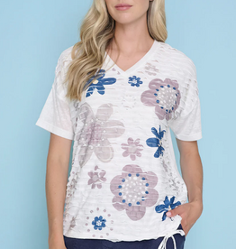 Picadilly Picadilly Sand Dollar Floral Print V-Neck S/S w/Side Tie Top