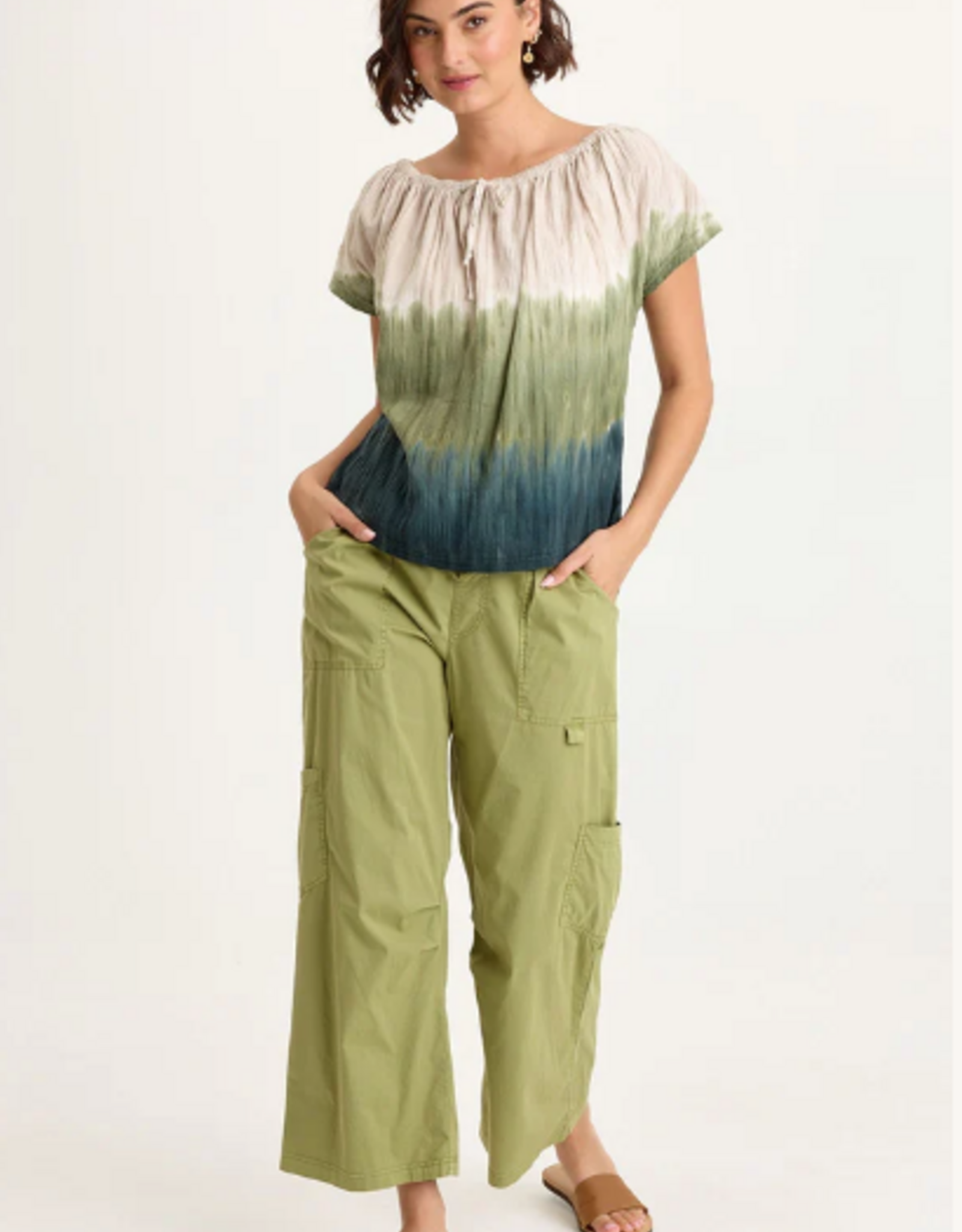 Wearables Wearables 14879WB Tricolor/Green Selda Textured Gauze Cinched Top