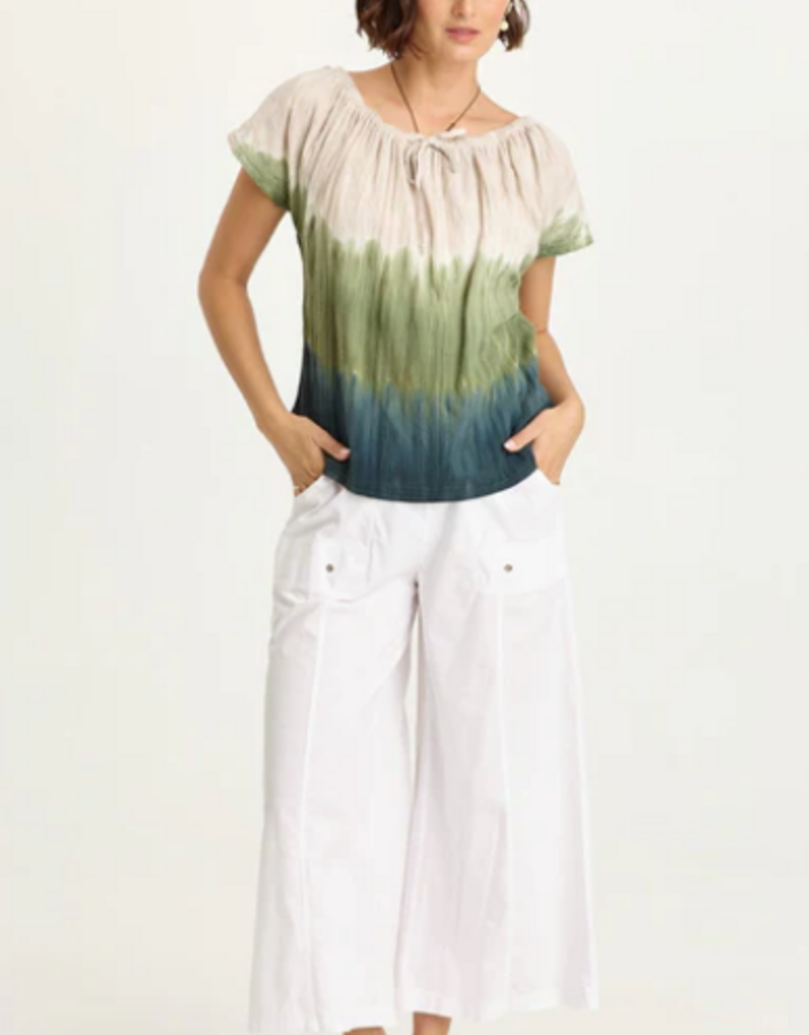 Wearables Wearables 14879WB Tricolor/Green Selda Textured Gauze Cinched Top
