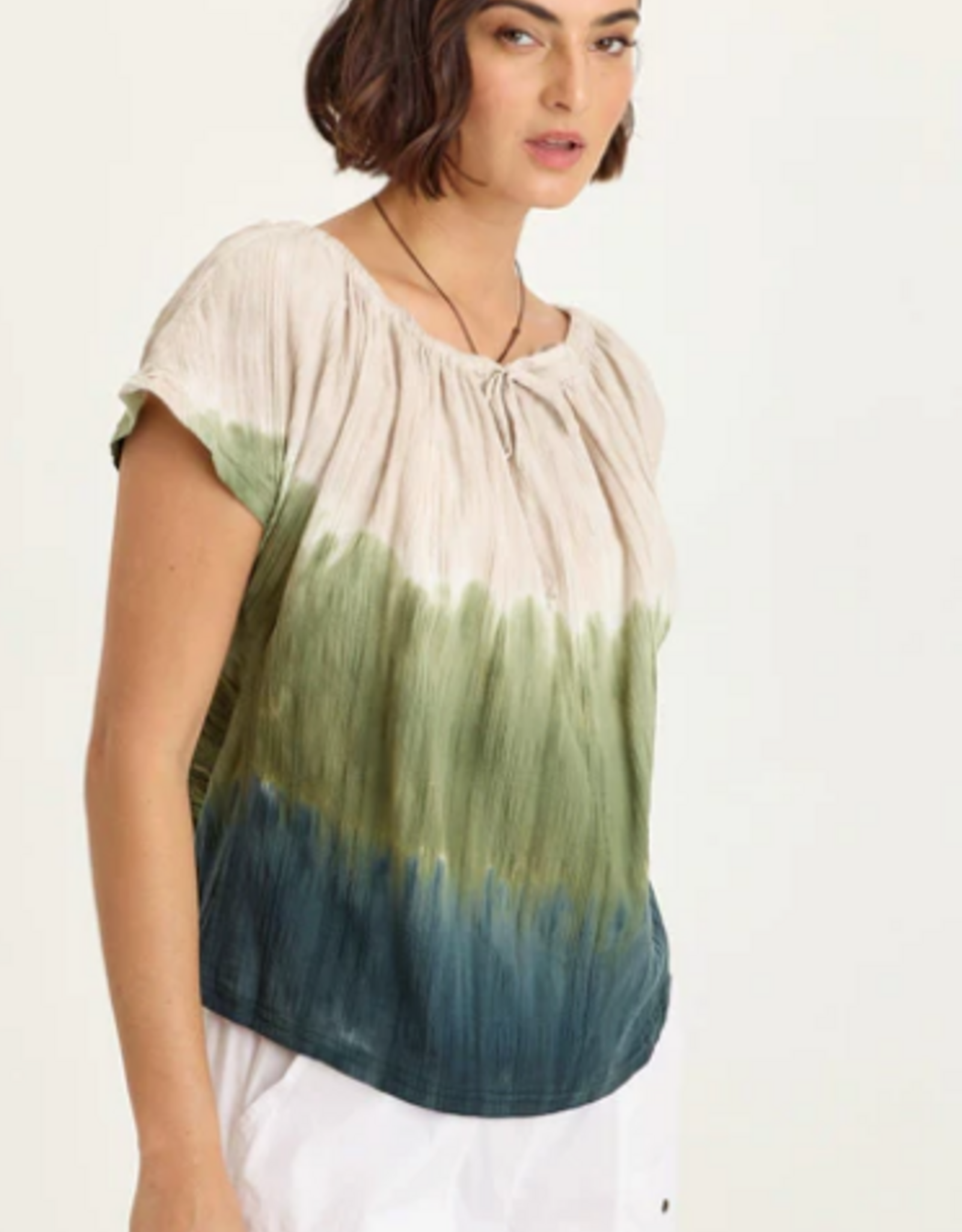 Wearables Wearables 14879WB Tricolor/Green Selda Textured Gauze Cinched Top