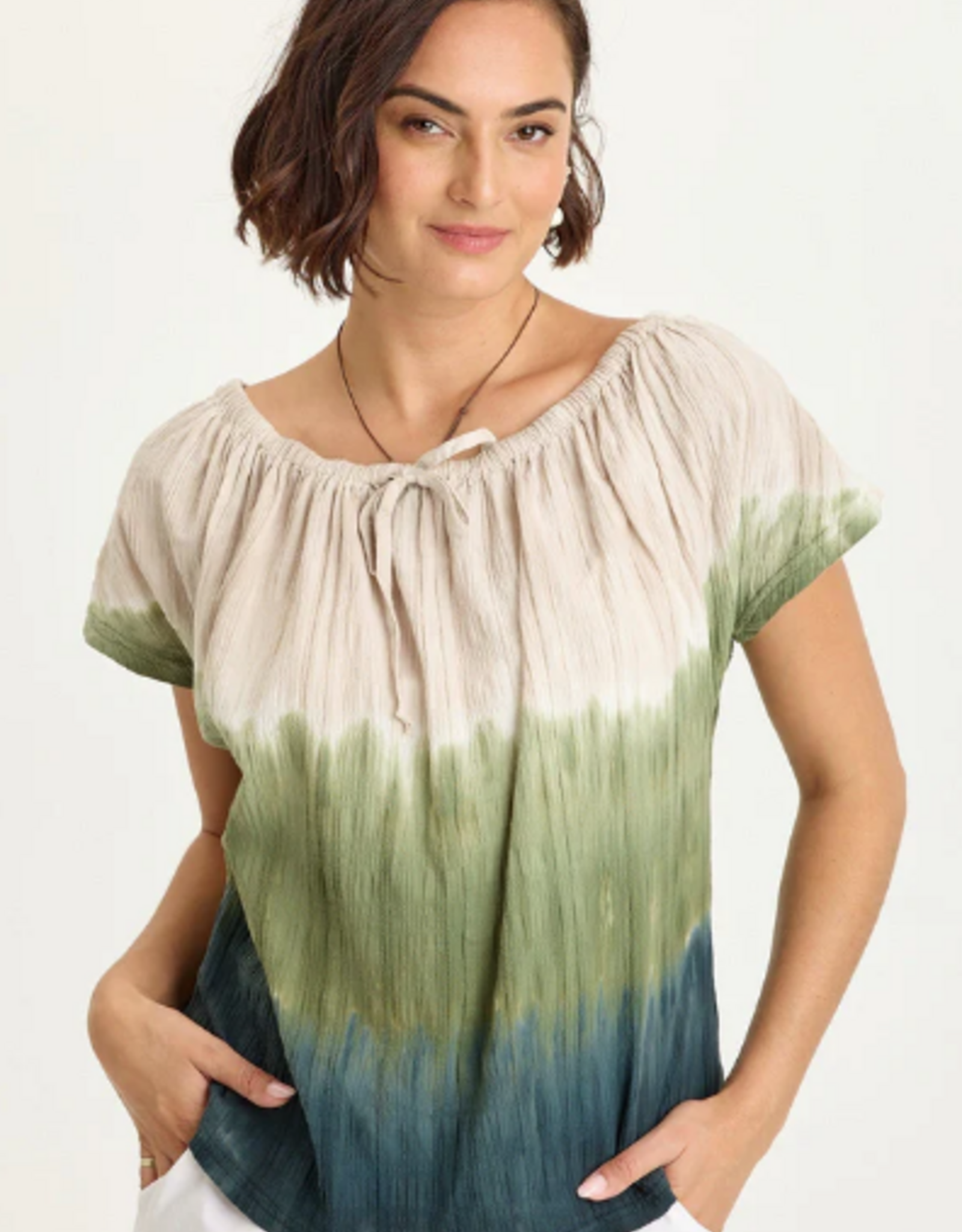 Wearables Wearables 14879WB Tricolor/Green Selda Textured Gauze Cinched Top