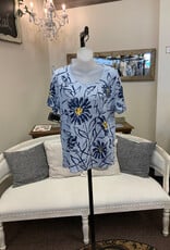 L.Hamrick Southern Lady 44B2 Blue Stripe Daisy Print Round Neck S/S Top