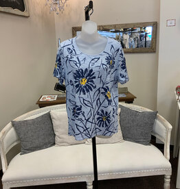 L.Hamrick Southern Lady 44B2 Blue Stripe Daisy Print Round Neck S/S Top