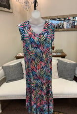 L.Hamrick N Touch 6408P Petite Navy/Multi Leaf Print Button Neck Cap Sleeve Dress w/Ruffle