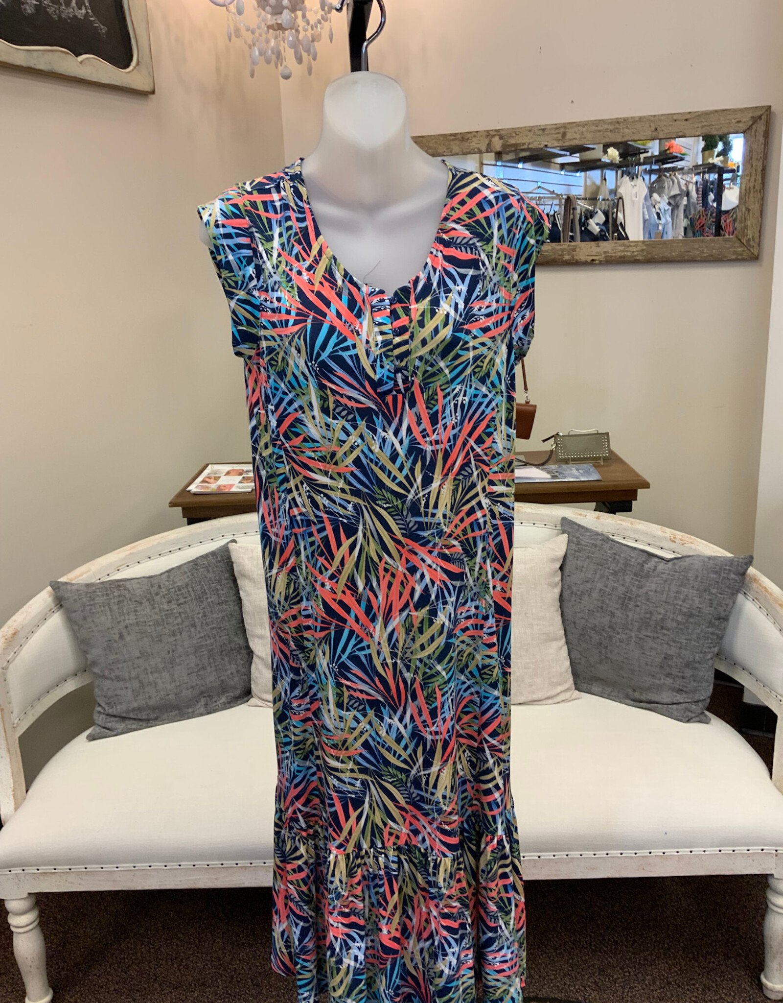 L.Hamrick N Touch 6408P Petite Navy/Multi Leaf Print Button Neck Cap Sleeve Dress w/Ruffle