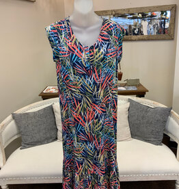 L.Hamrick N Touch 6408P Petite Navy/Multi Leaf Print Button Neck Cap Sleeve Dress w/Ruffle