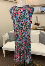 L.Hamrick N Touch 6408P Petite Navy/Multi Leaf Print Button Neck Cap Sleeve Dress w/Ruffle