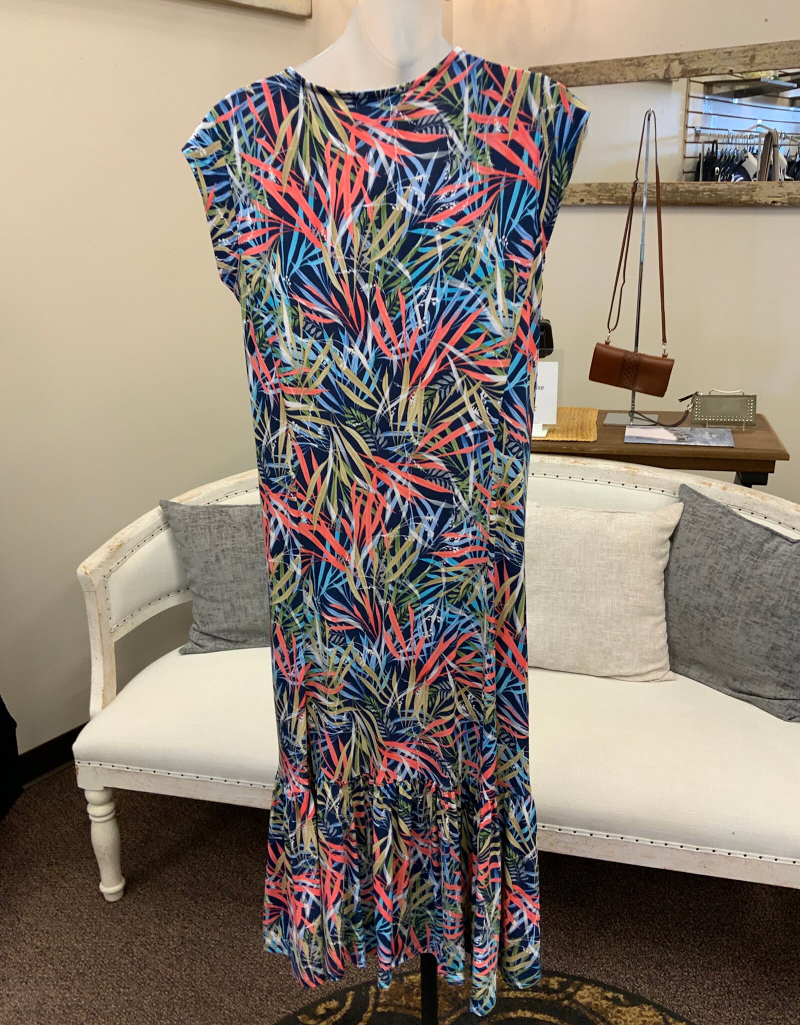 L.Hamrick N Touch 6408P Petite Navy/Multi Leaf Print Button Neck Cap Sleeve Dress w/Ruffle