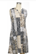 L.Hamrick Links Grey/Tan Patch Print V-Neck Sleeveless Dress