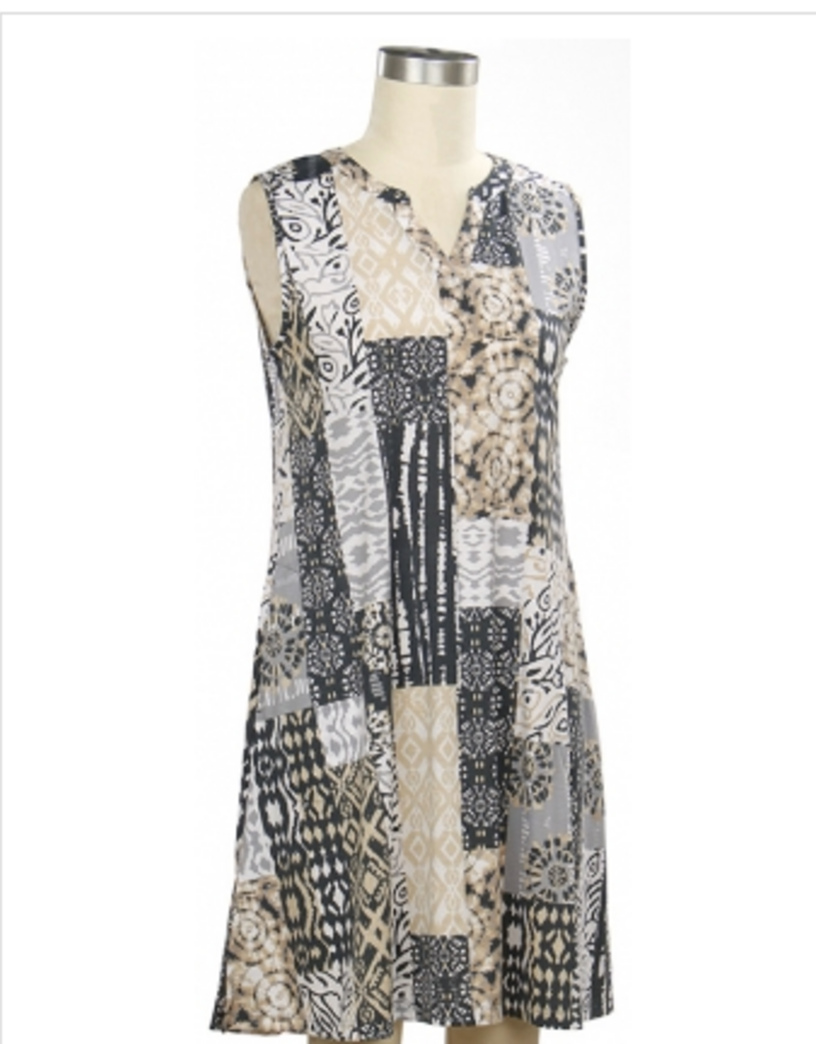 L.Hamrick Links Grey/Tan Patch Print V-Neck Sleeveless Dress