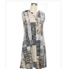 L.Hamrick Links Grey/Tan Patch Print V-Neck Sleeveless Dress