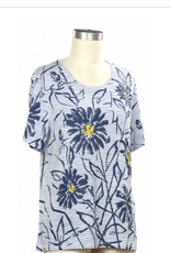 L.Hamrick Southern Lady Blue Stripe Daisy Print Round Neck S/S Top