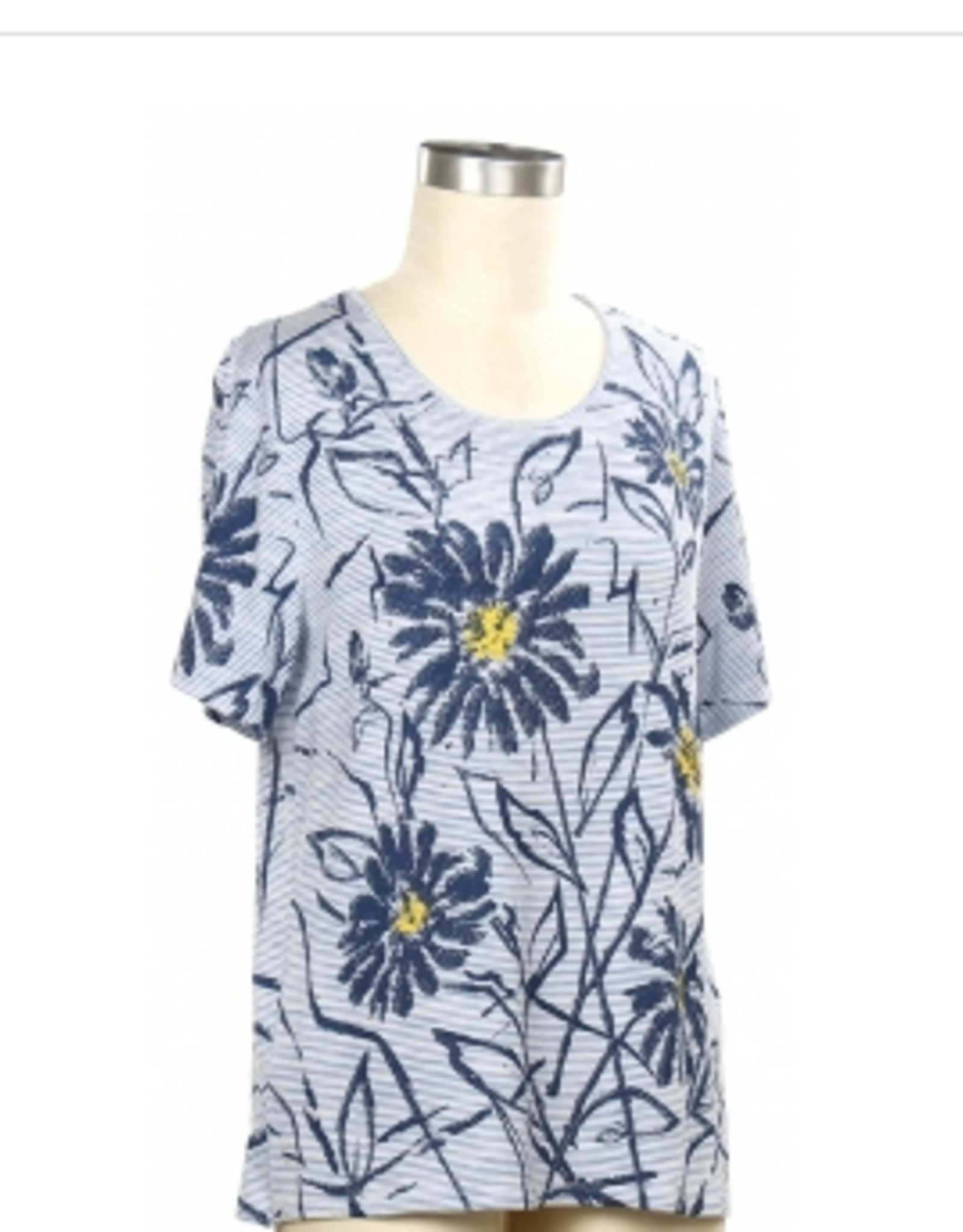 L.Hamrick Southern Lady Blue Stripe Daisy Print Round Neck S/S Top