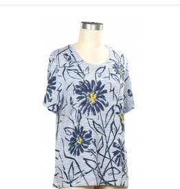 L.Hamrick Southern Lady Blue Stripe Daisy Print Round Neck S/S Top