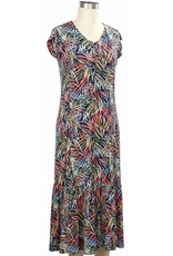 L.Hamrick N Touch Petite Navy/Multi Leaf Print Button Neck Cap Sleeve Dress w/Ruffle