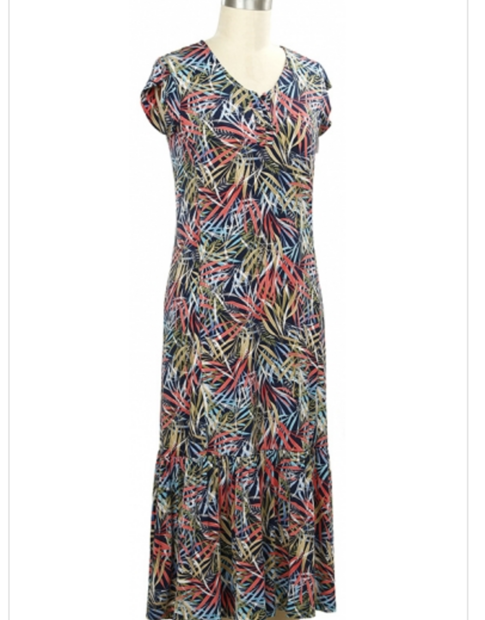 L.Hamrick N Touch Petite Navy/Multi Leaf Print Button Neck Cap Sleeve Dress w/Ruffle