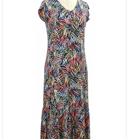 L.Hamrick N Touch Petite Navy/Multi Leaf Print Button Neck Cap Sleeve Dress w/Ruffle
