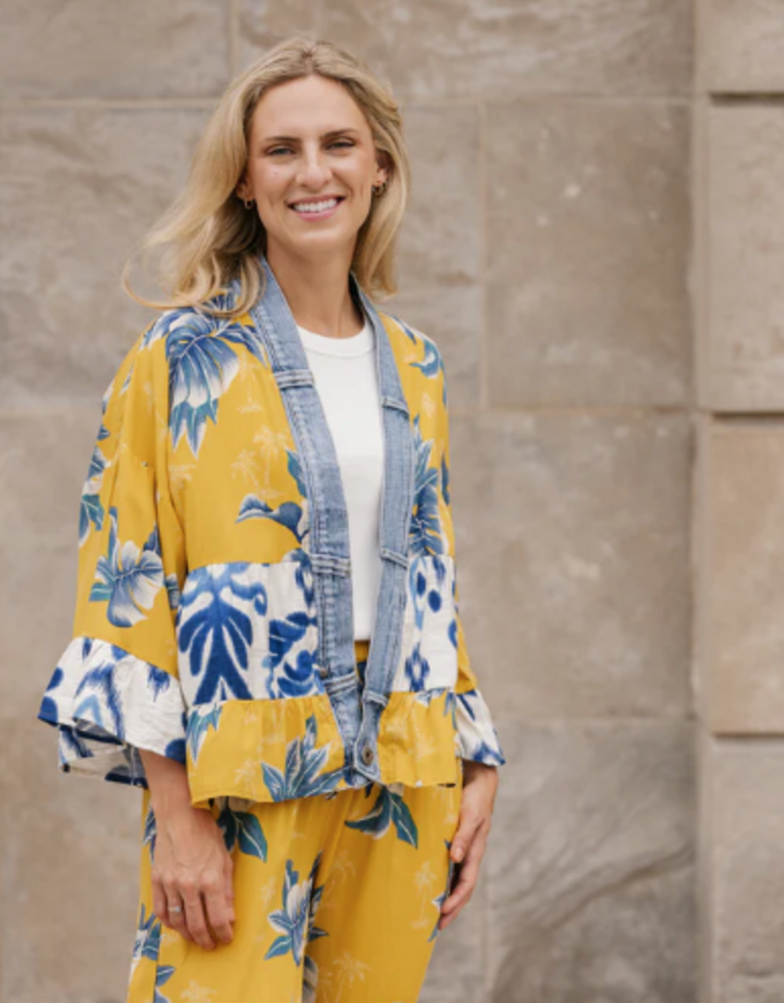 Shannon Passero Shannon Passero Yellow Palm Print Open Front  S/S Crop Cardigan