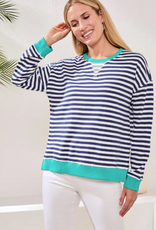 Tribal Tribal  Jet Blue Striped Terry Crewneck Long Sleeve Top