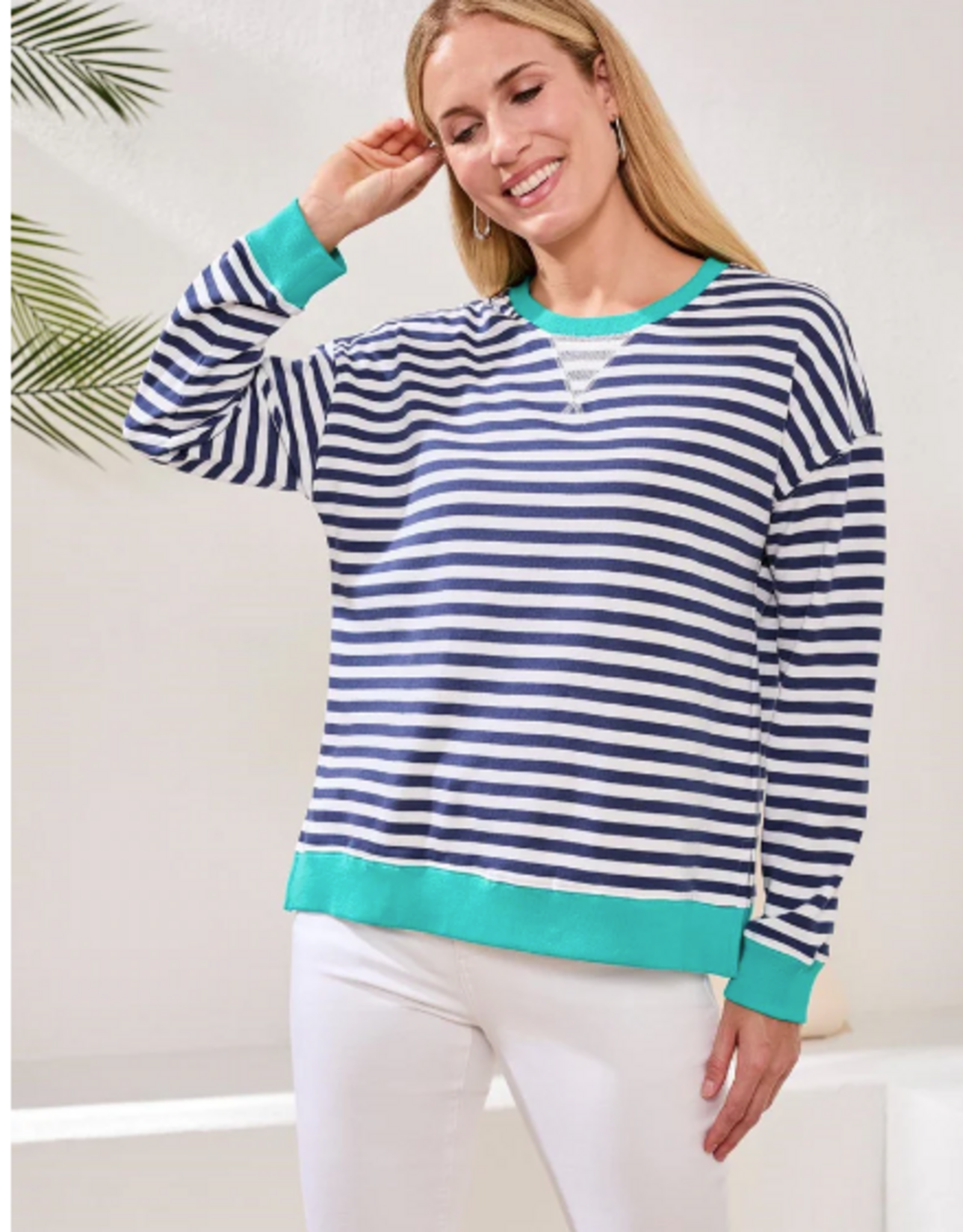 Tribal Tribal  Jet Blue Striped Terry Crewneck Long Sleeve Top