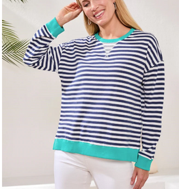 Tribal Tribal Jet Blue Striped Terry Crewneck Long Sleeve Top