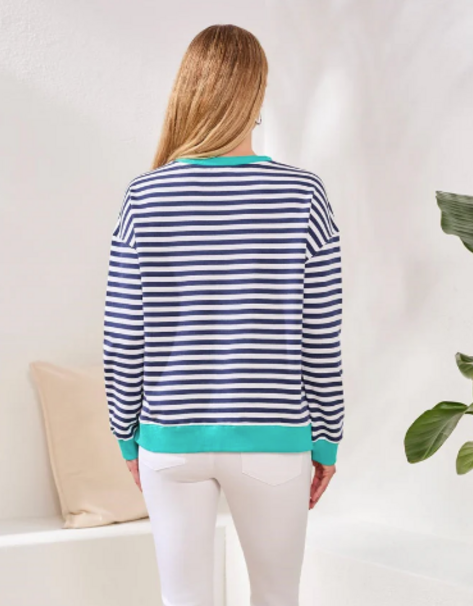 Tribal Tribal  Jet Blue Striped Terry Crewneck Long Sleeve Top