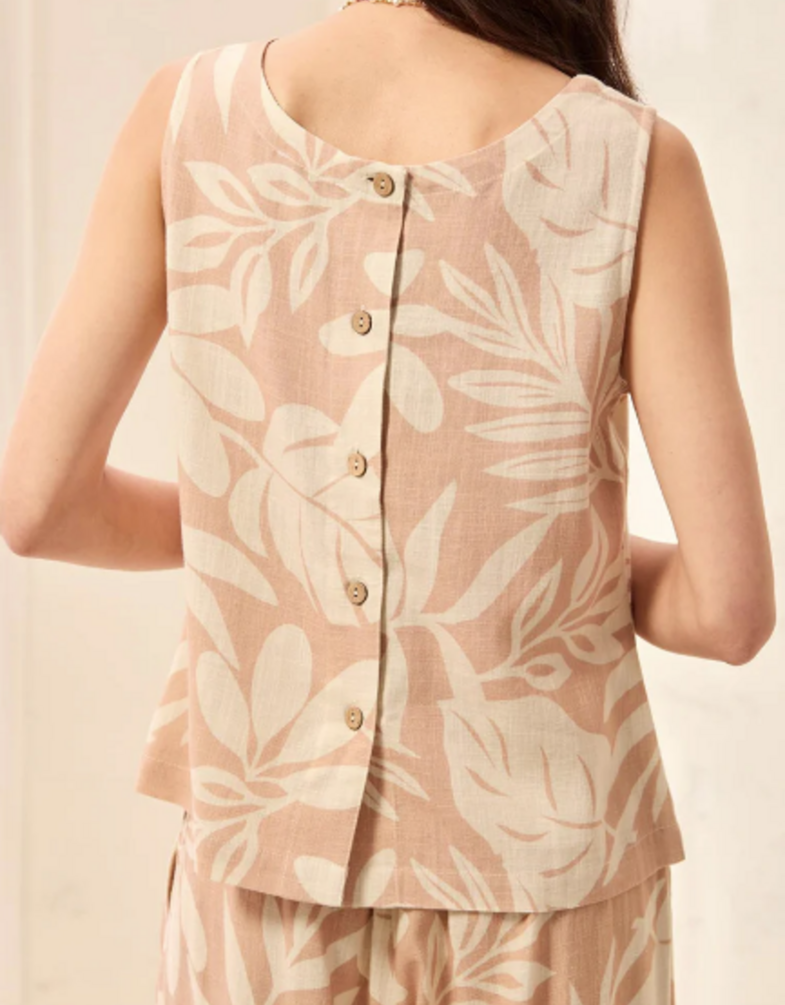 Tribal Tribal Linen Square Neck Back Button Up Detail Sleeveless Top
