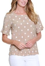 Multiples Multiples Khaki Polka Dot Print Round Neck S/S Top